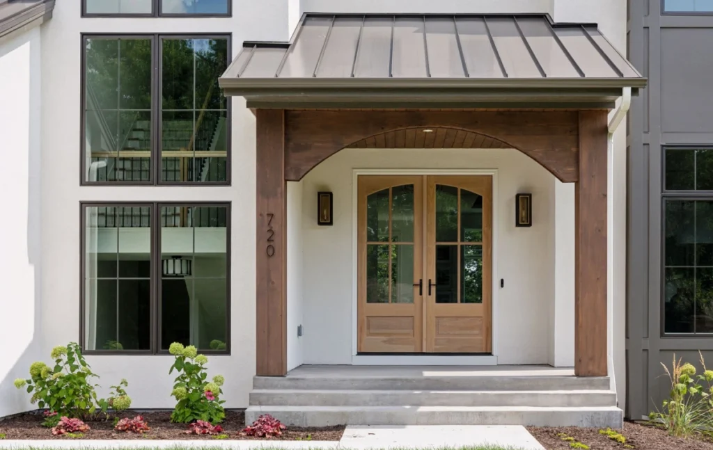 Front entryway with a wood entry door, sidelites and transom
