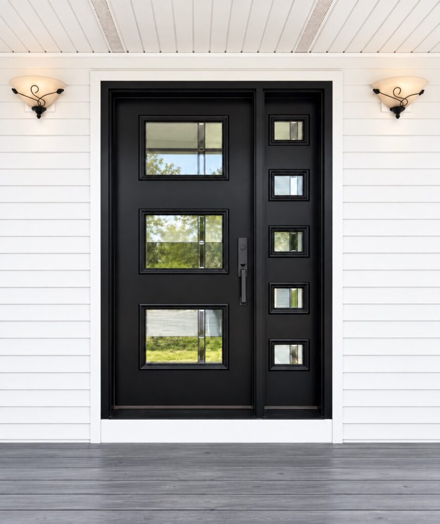 Black entry door with three square glass panels and a matching sidelight, framed by white siding.