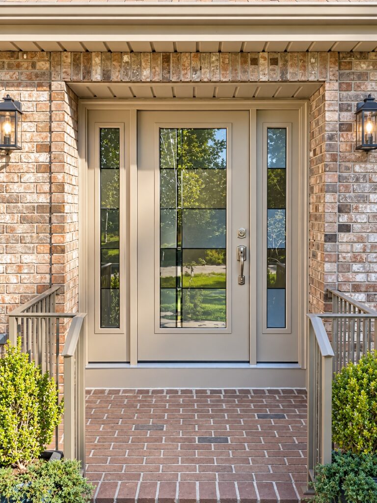 Taupe front door with decorative glass and matching sidelights, surrounded by brick and black lantern sconces.
