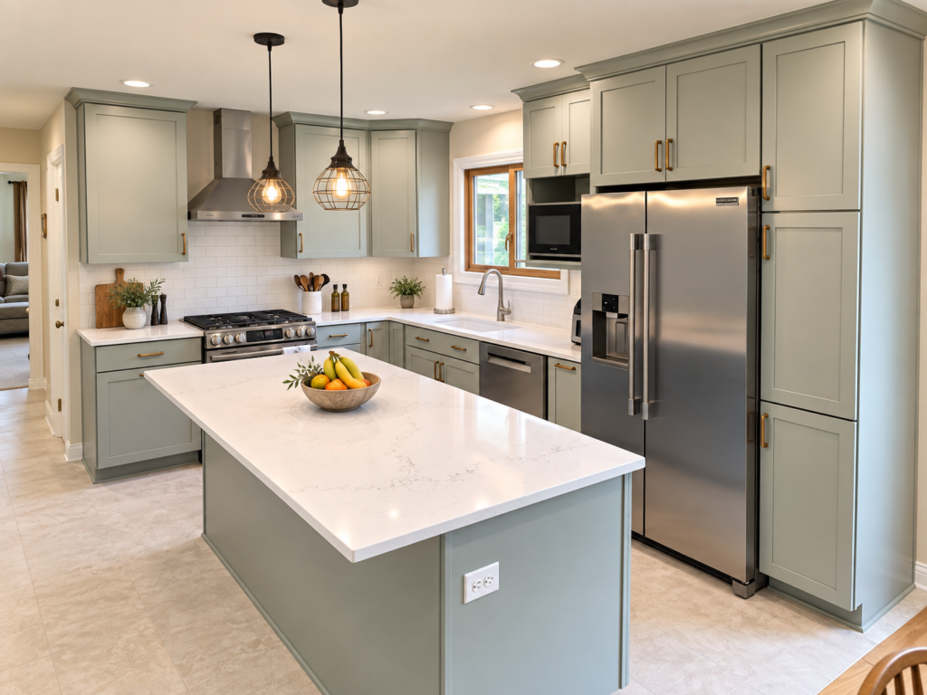 Sage green kitchen with white quartz countertops, brass hardware, stainless steel appliances, and a large center island.