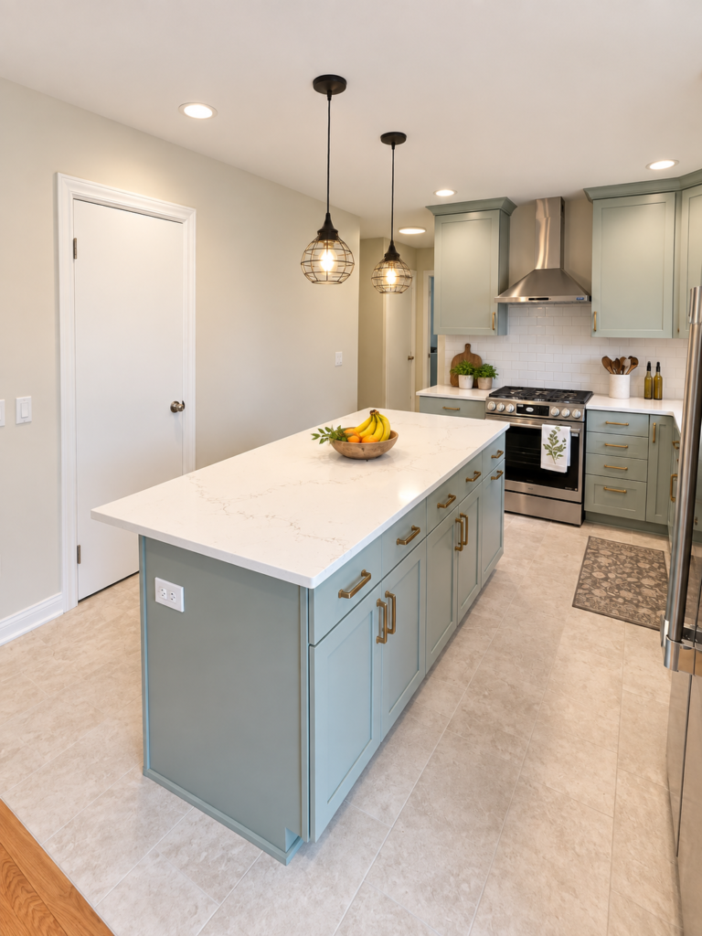 Sage green kitchen with white quartz countertops, brass hardware, stainless steel appliances, and a large center island.