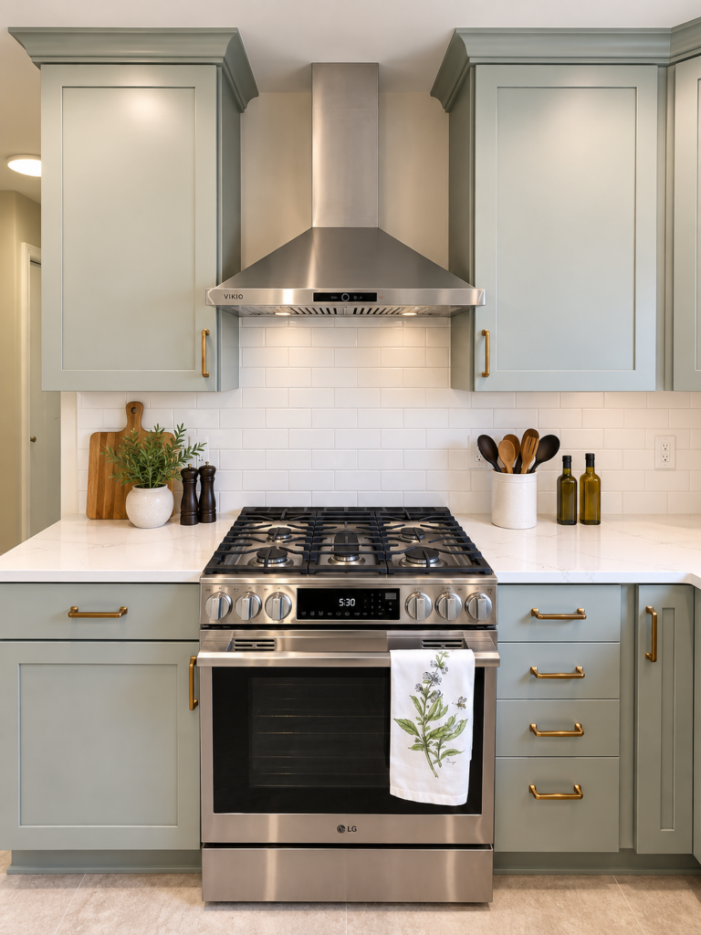 Sage green kitchen with white quartz countertops, brass hardware, stainless steel appliances, and a large center island.