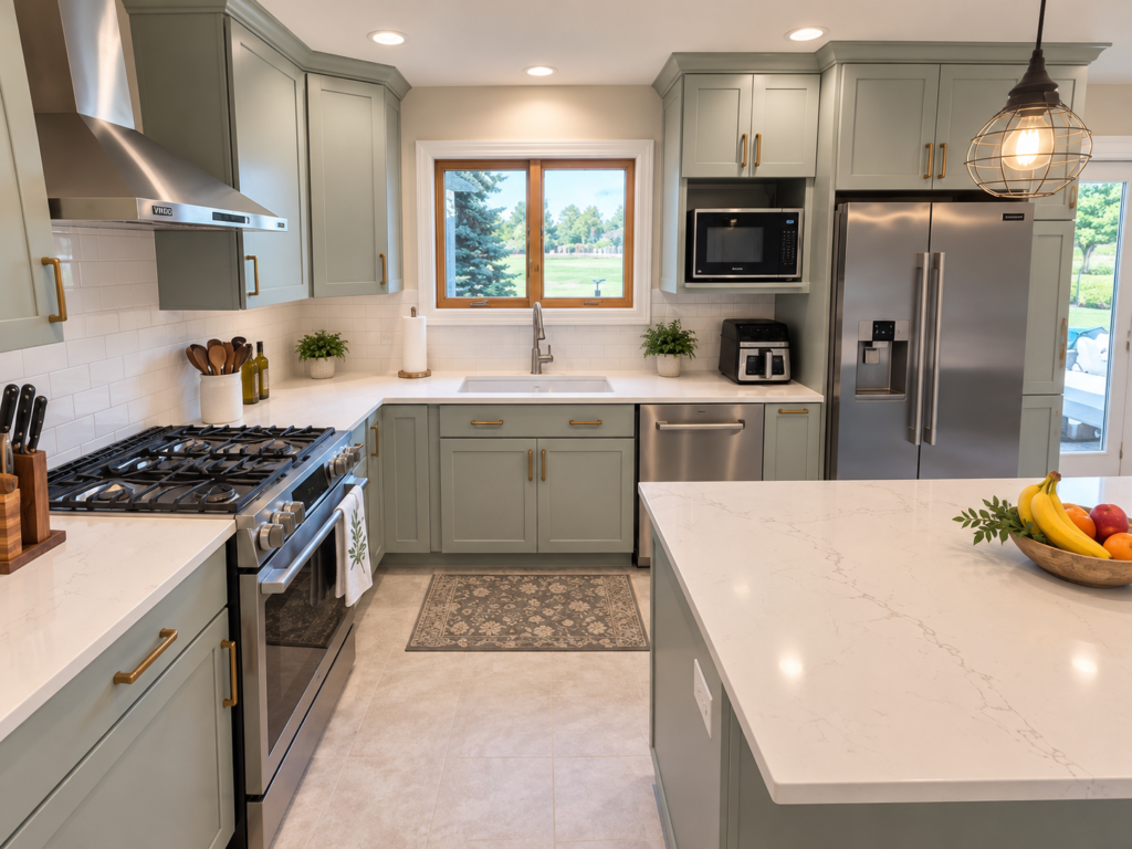 Sage green kitchen with white quartz countertops, brass hardware, stainless steel appliances, and a large center island.