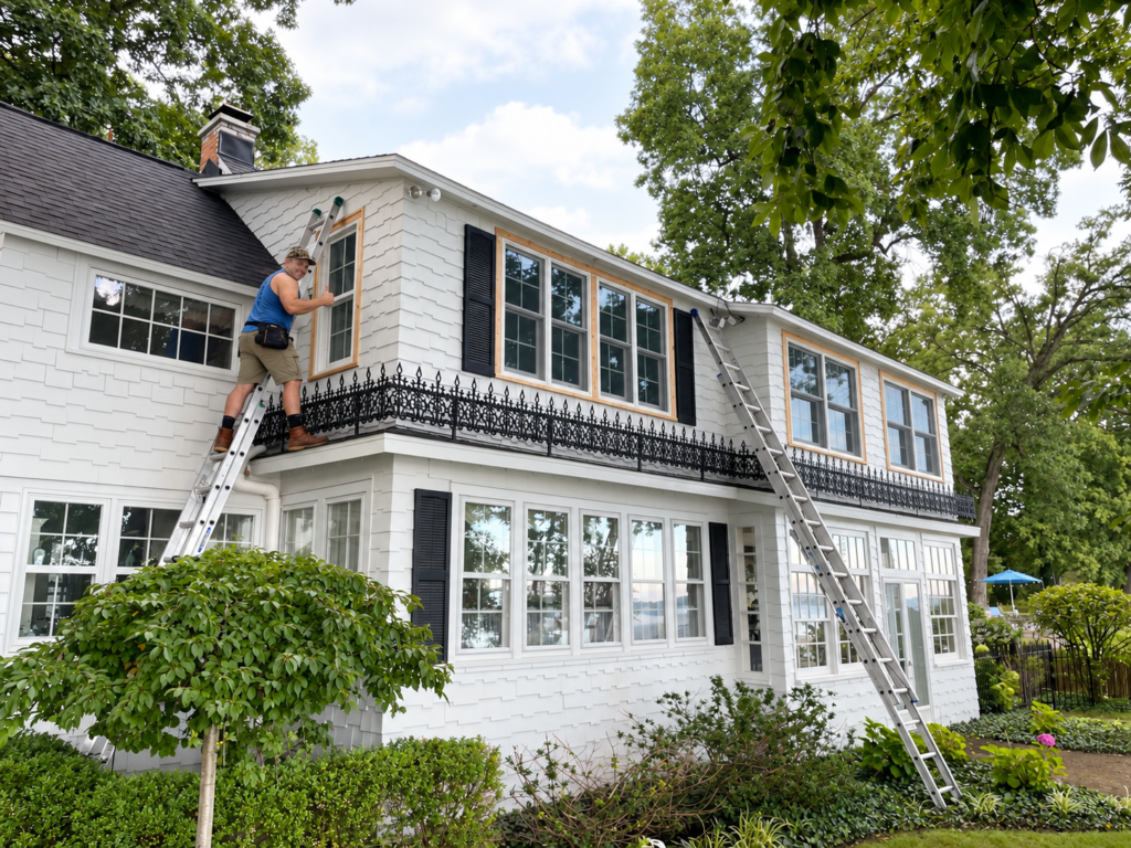 Lakeside Cottage, a white two-story lakefront home with black shutters and new Hannapel windows during installation