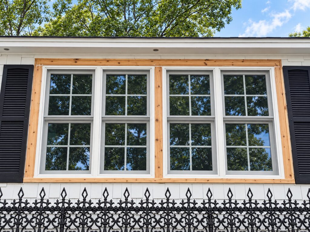 Newly installed Hannapel double-hung windows with cedar trim and black shutters at the Lakeside Cottage