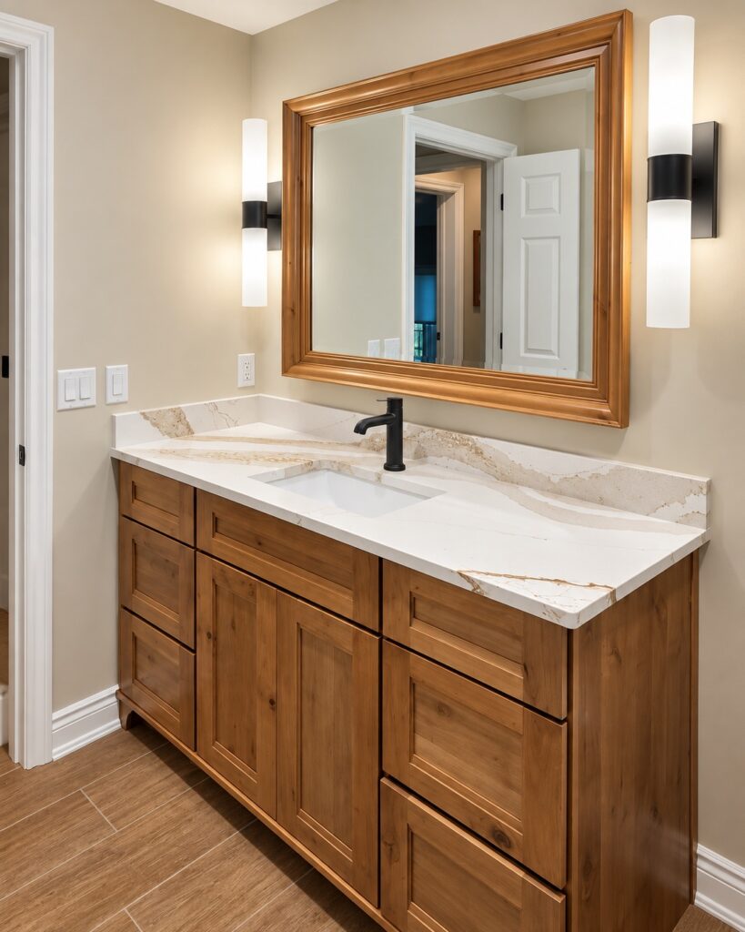 Wood bathroom vanity with white quartz countertop, matte black faucet, and rustic wood-framed mirror