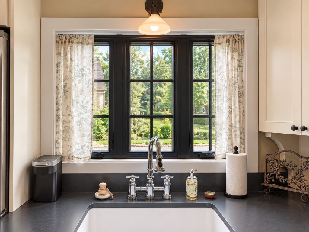 Kitchen sink with a polished chrome bridge faucet set in a dark soapstone countertop beneath black-framed casement windows