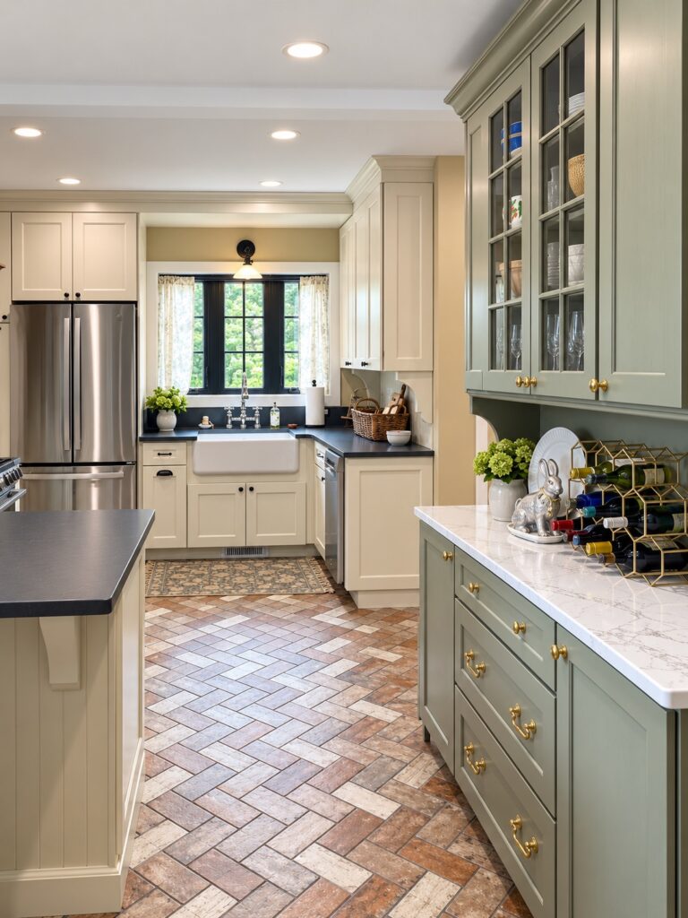Remodeled kitchen with cream perimeter cabinets, a sage green island, farmhouse apron sink and brick herringbone flooring