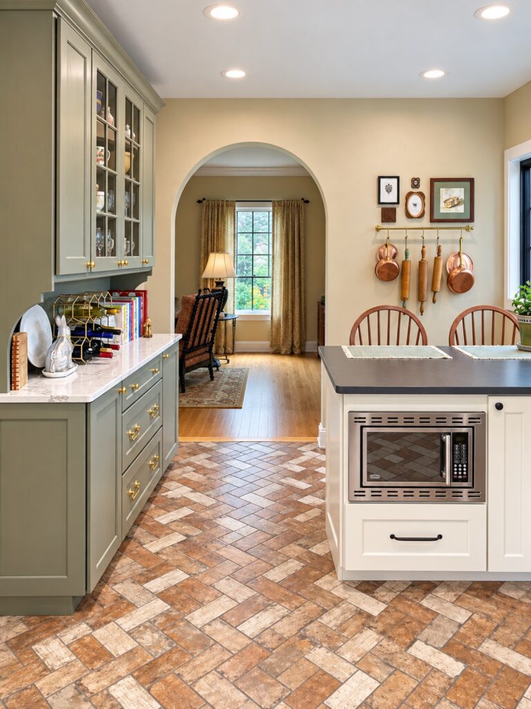 Sage green kitchen island with a microwave drawer and dark countertop, framed by an arched doorway with copper pots on a wall rail