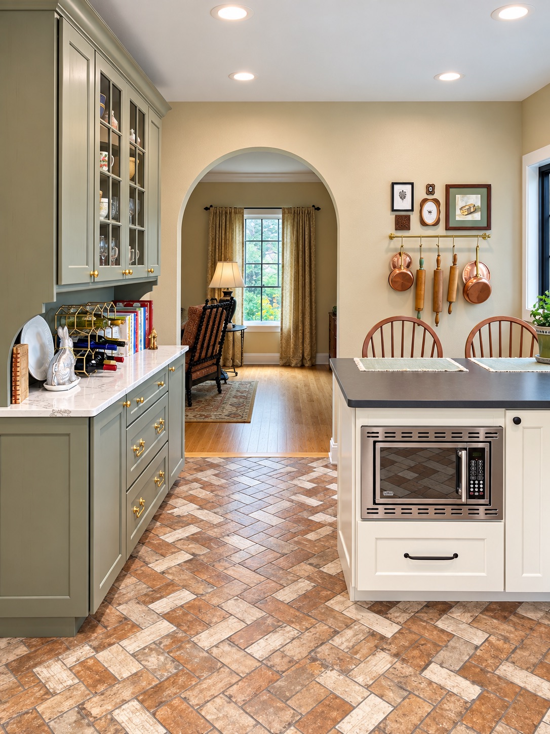 Sage green kitchen island with a microwave drawer and dark countertop, framed by an arched doorway with copper pots on a wall rail