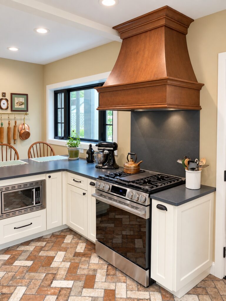 Copper-toned wood range hood above a stainless steel gas range with dark soapstone counters and cream cabinetry