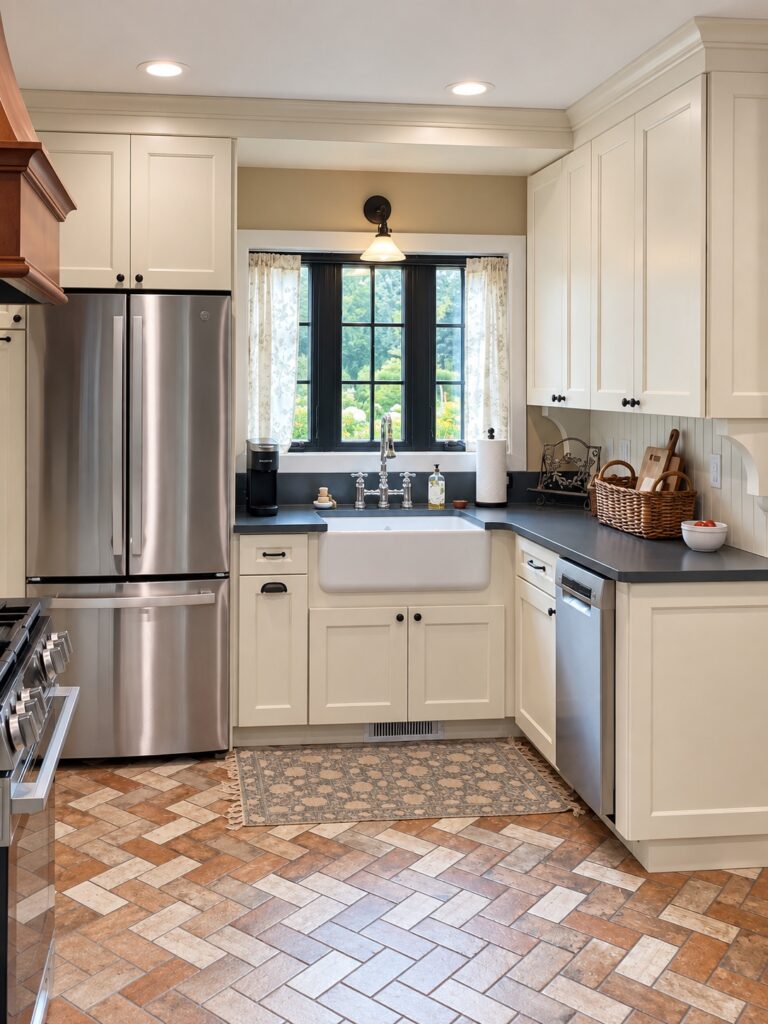 Cream kitchen cabinets with a stainless steel refrigerator and dishwasher, apron-front sink under a window and brick herringbone floor