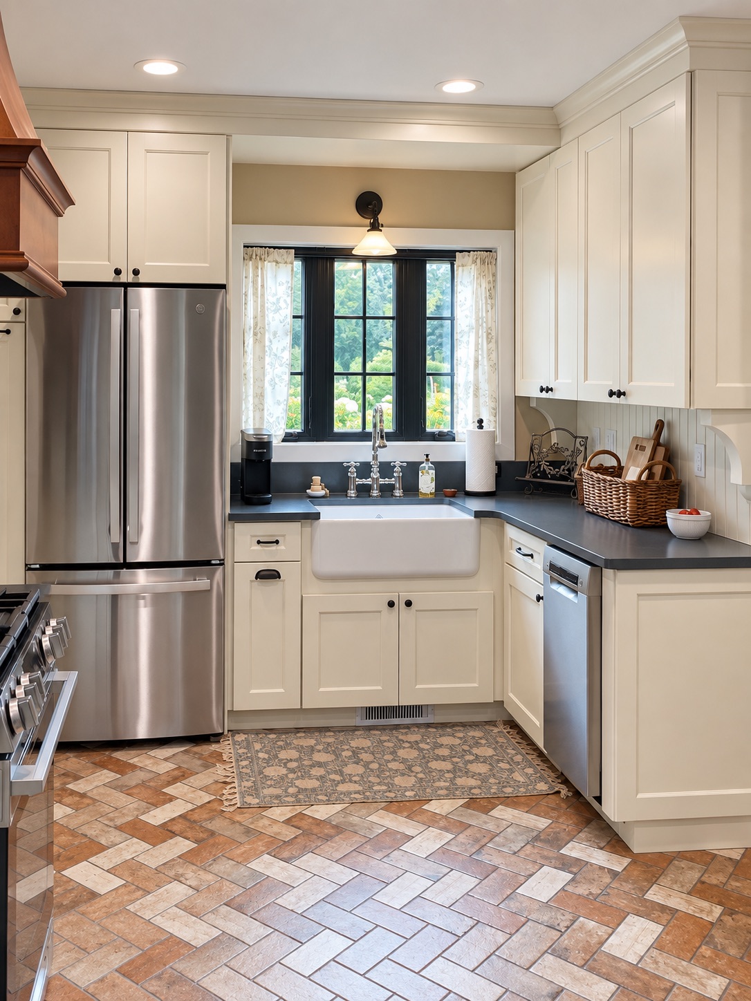 Cream kitchen cabinets with a stainless steel refrigerator and dishwasher, apron-front sink under a window and brick herringbone floor