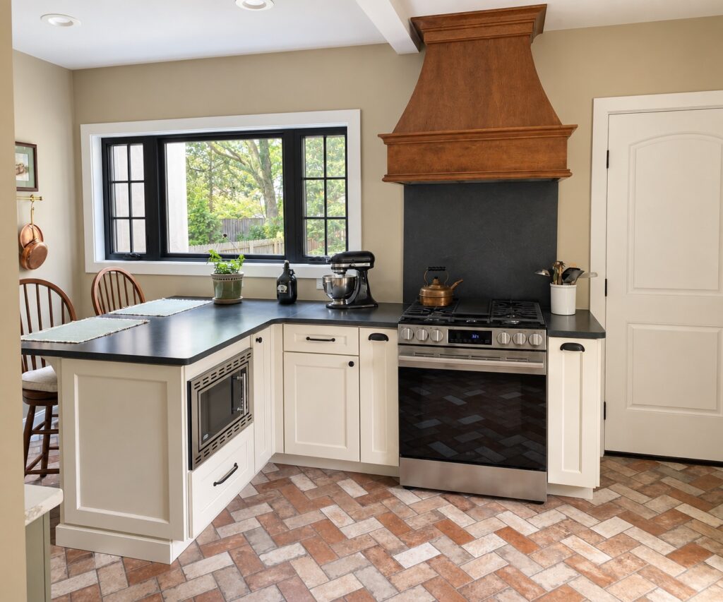 Kitchen with a wood range hood, stainless gas range, island with microwave drawer and brick paver floor beneath black-framed windows