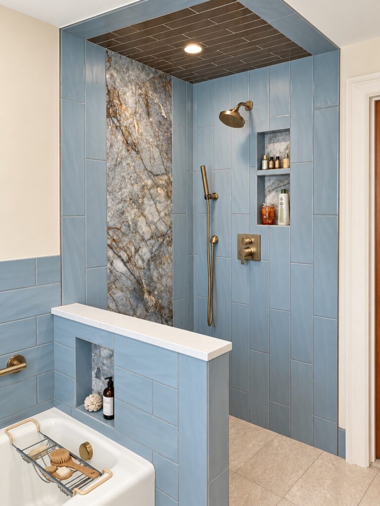 Walk-in shower lined with veined marble slab and blue tile, with brushed brass fixtures, a recessed niche and a half-wall tub surround