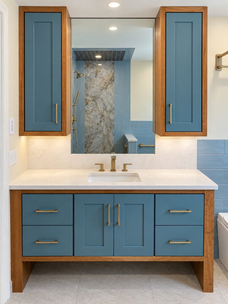 Mirrored medicine cabinets between blue cabinet panels, reflecting a marble slab shower with a rain showerhead
