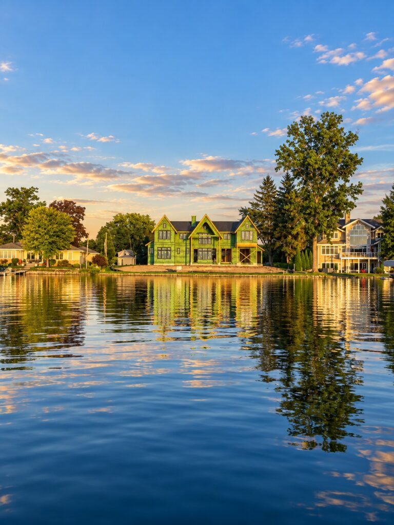 The Lakeview Estate, a custom lakefront home at sunset featuring Hannapel windows and doors
