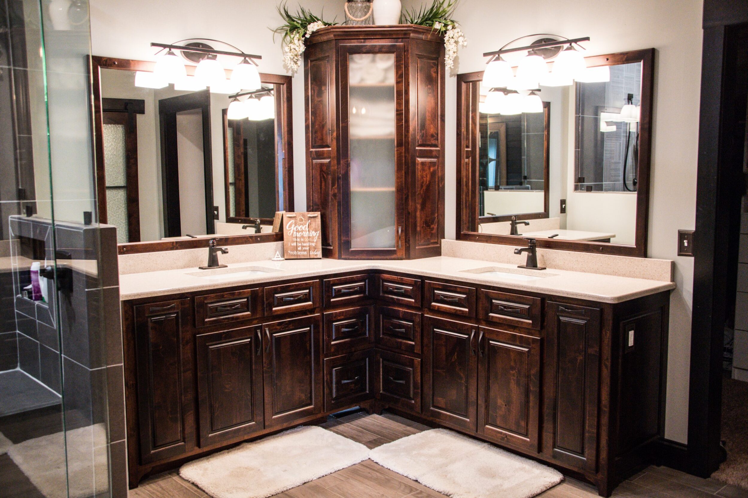 Custom wood bathroom vanity with double sinks