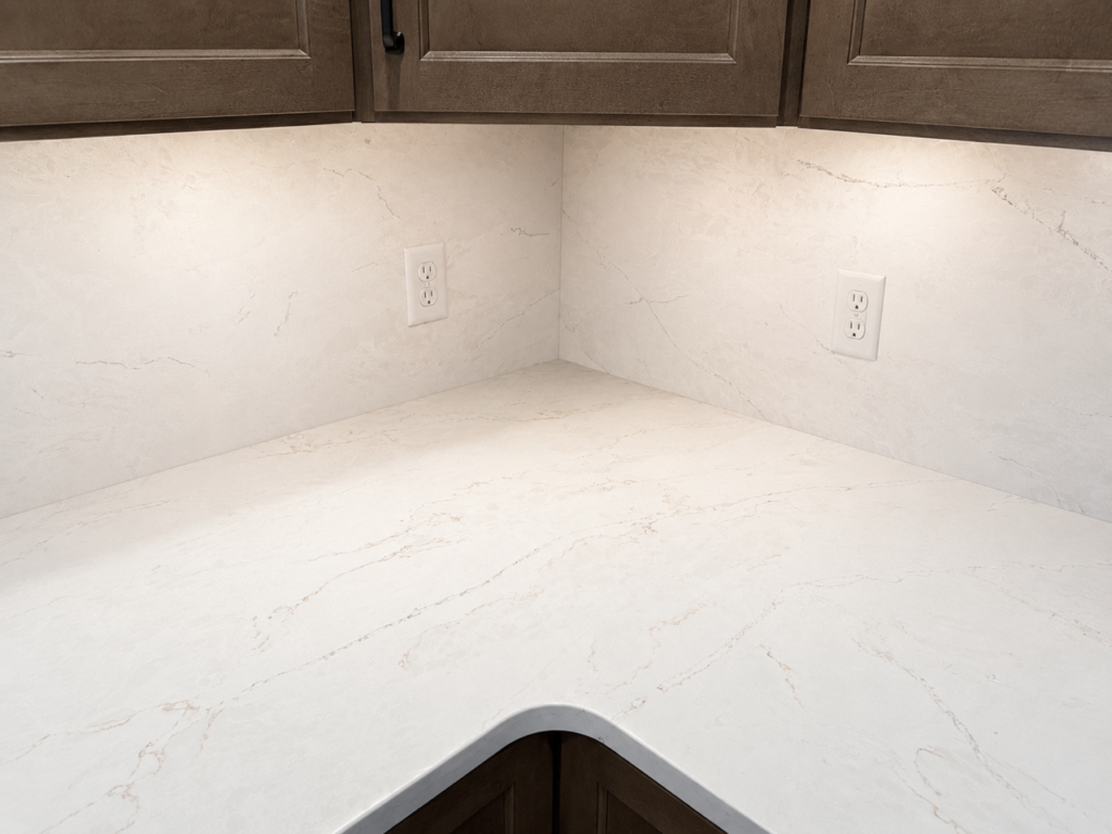 Yorktowne Retreat full-height white quartz backsplash with marble-look veining and matching countertop beneath warm brown cabinets
