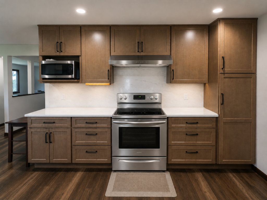 Yorktowne Retreat kitchen remodel with warm brown shaker cabinets, white quartz countertops and backsplash, stainless steel range and microwave, and dark wood flooring