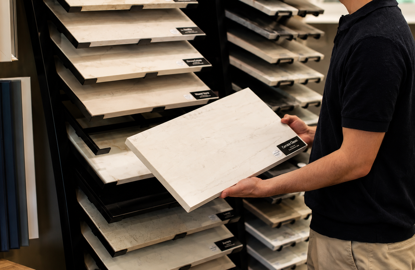 Quartz countertop slabs and samples in the Hannapel showroom