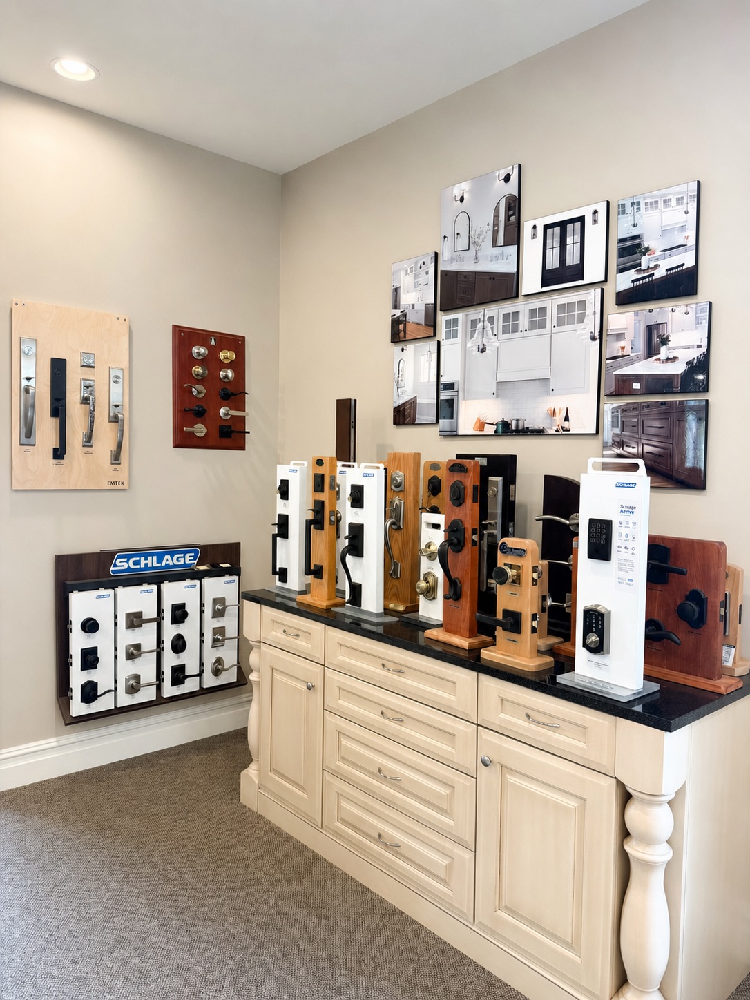 Door hardware, finish and glass options display in the Kalamazoo showroom