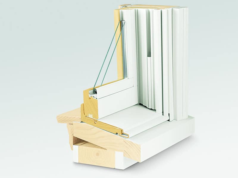 Andersen A-Series window cross-section showing the Fibrex and wood construction