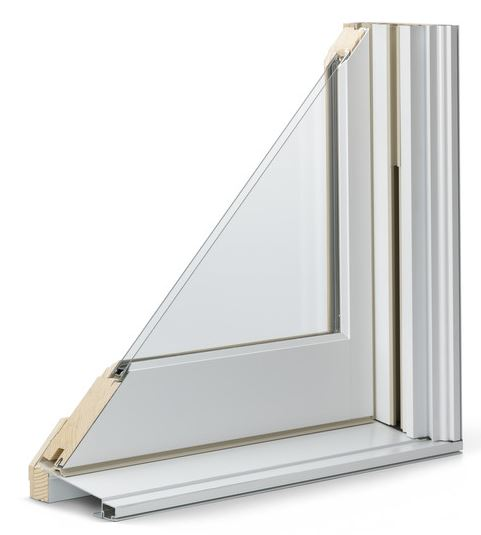 Andersen E-Series window cross-section showing the aluminum-clad wood construction