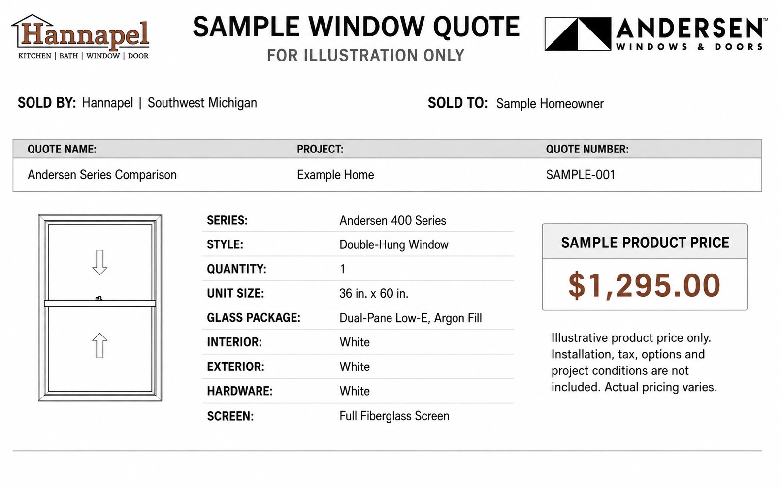 Example of an Andersen window quote showing series, glass package and options