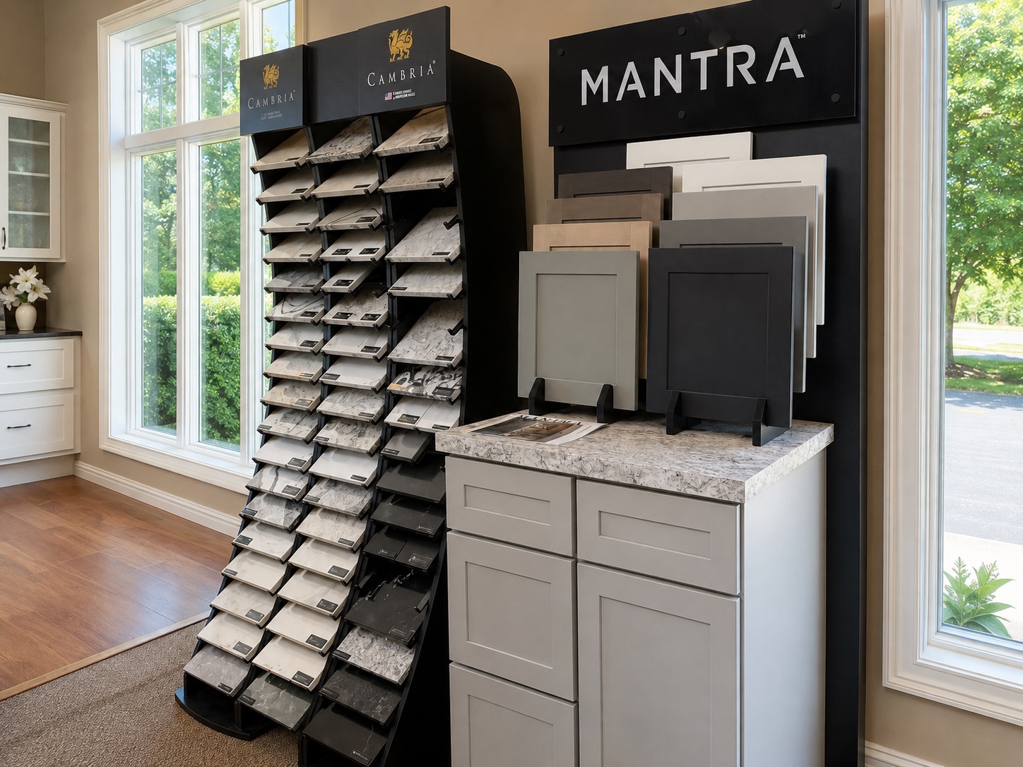 Cambria countertop samples beside Mantra cabinet door samples at the Hannapel Kalamazoo showroom