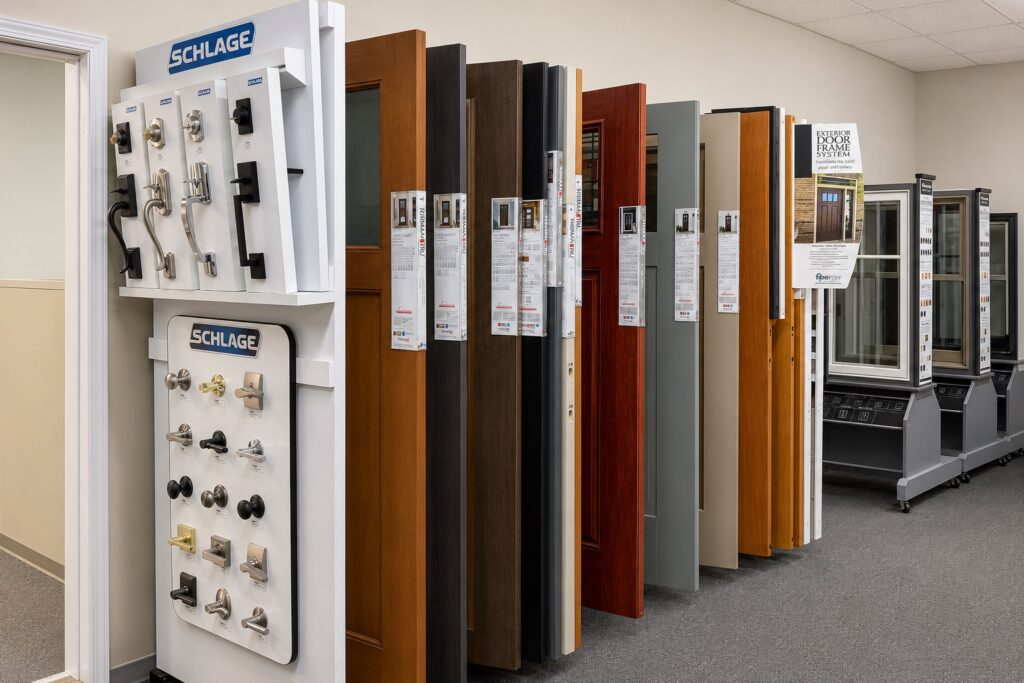 Therma-Tru and Simpson entry door displays in a Hannapel showroom