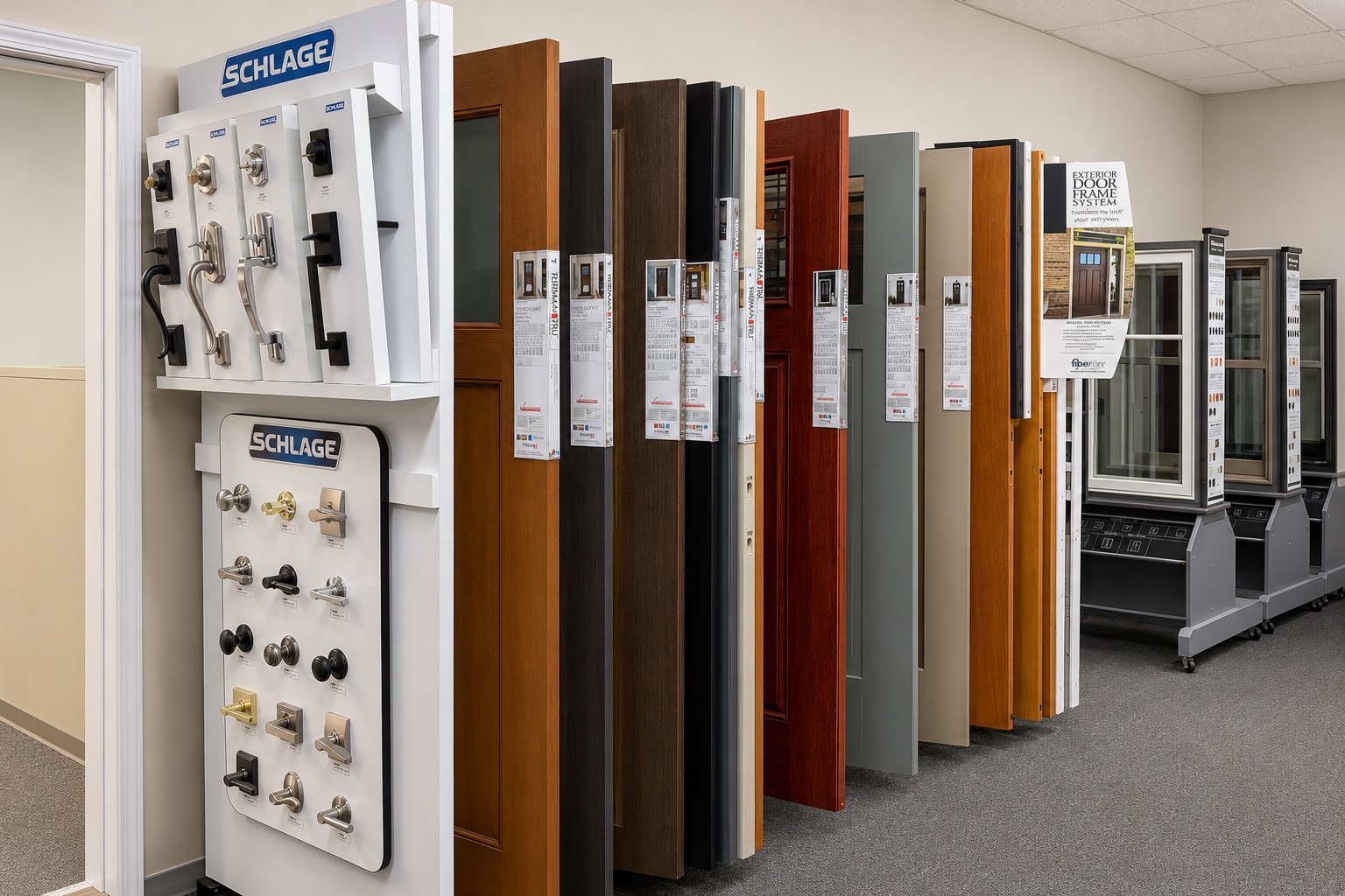 Therma-Tru and Simpson entry door displays in a Hannapel showroom