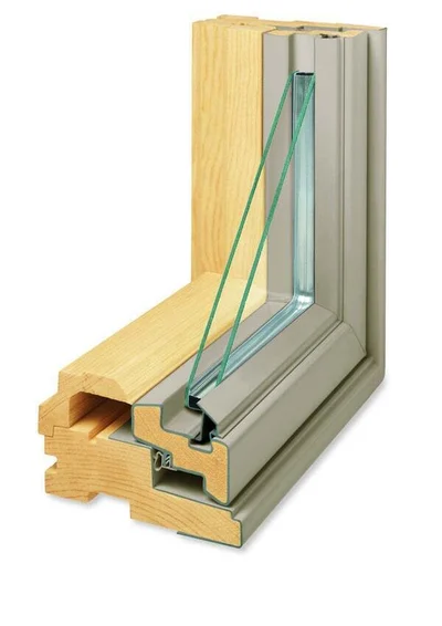 Andersen 200 Series window corner section showing the wood core and vinyl exterior