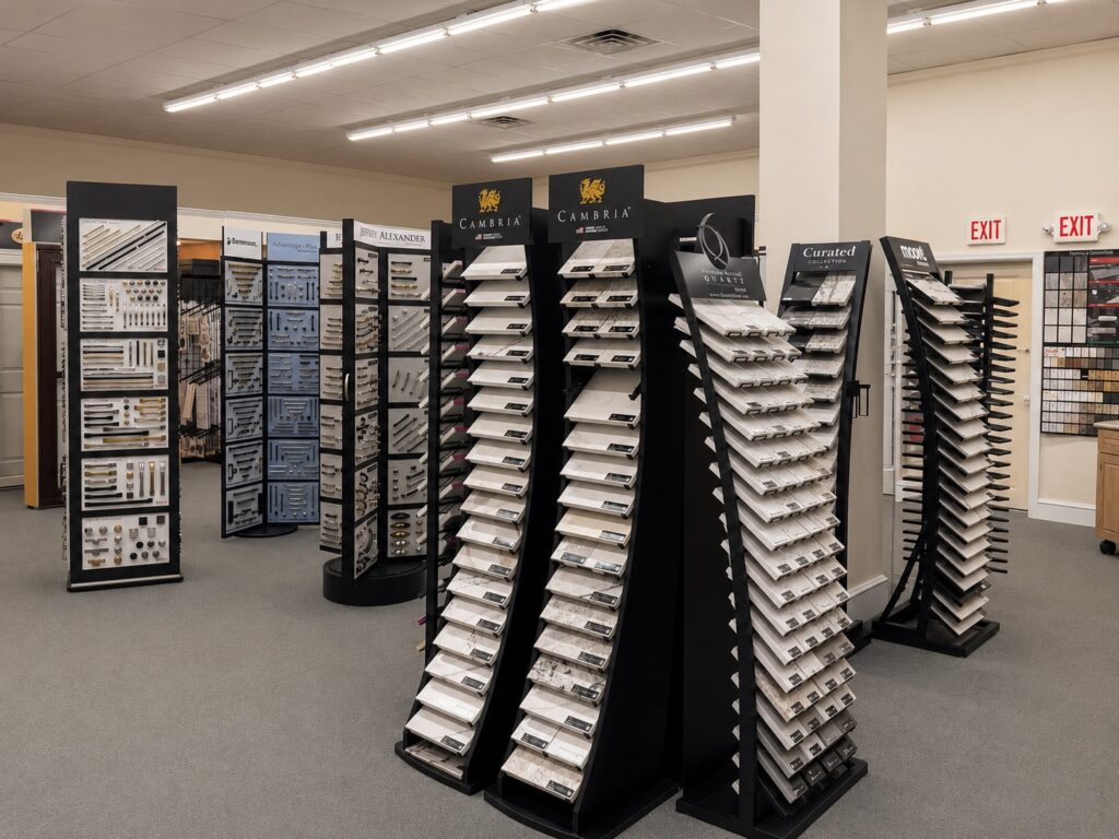 Countertop samples arranged on display racks in the Portage showroom.
