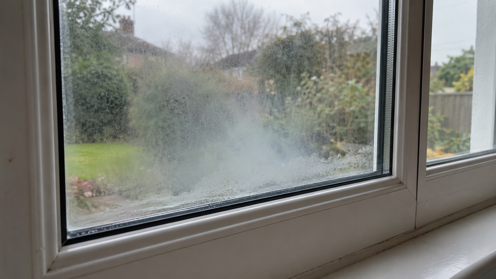 Cloudy condensation trapped between double-pane window glass beside a clear neighboring pane