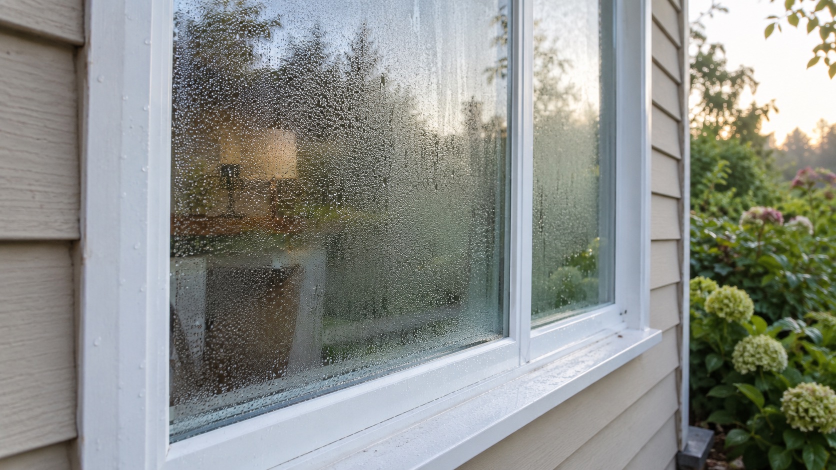 Exterior window condensation with morning dew beading on glass beside beige house siding