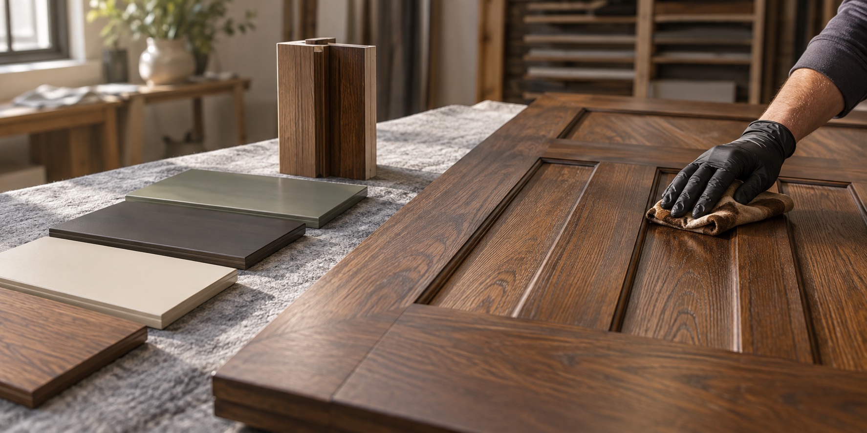 Handcrafted door prefinishing illustration with paint and stain samples