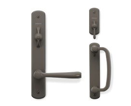 Andersen Albany assembled hardware in Black (matte) — 200 Series, 400 Series, A-Series & E-Series · gliding; gliding set at right, matching hinged set at left