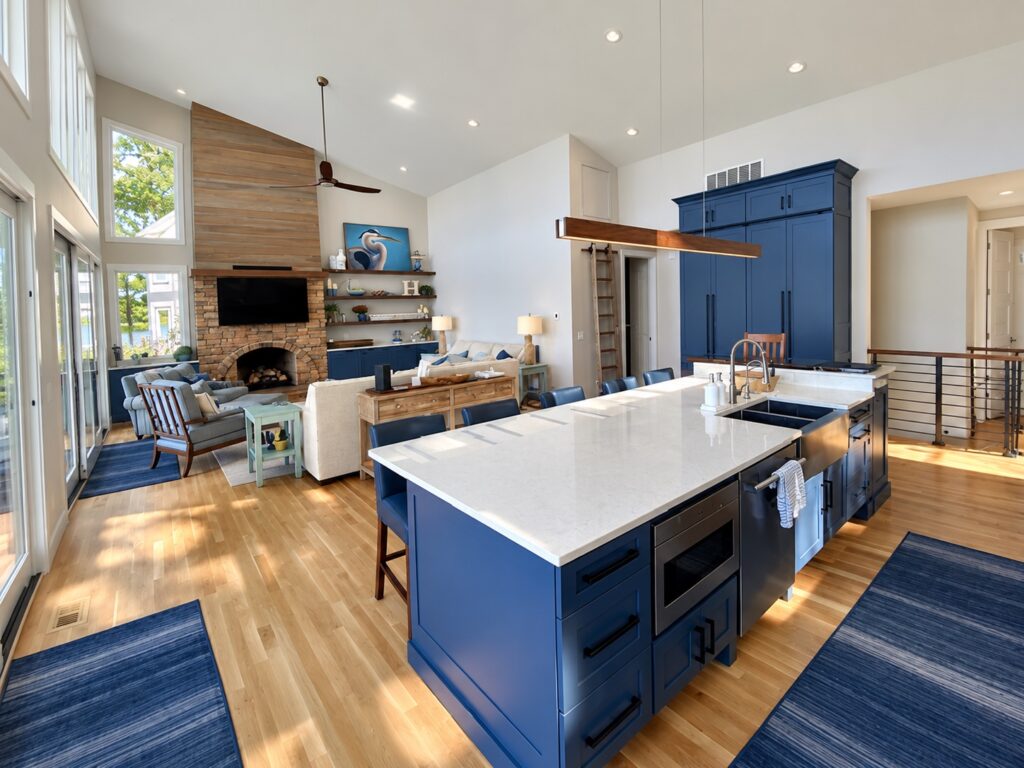 Wide kitchen with a blue island, white countertop, wood floors and a stone fireplace in the adjoining living room.