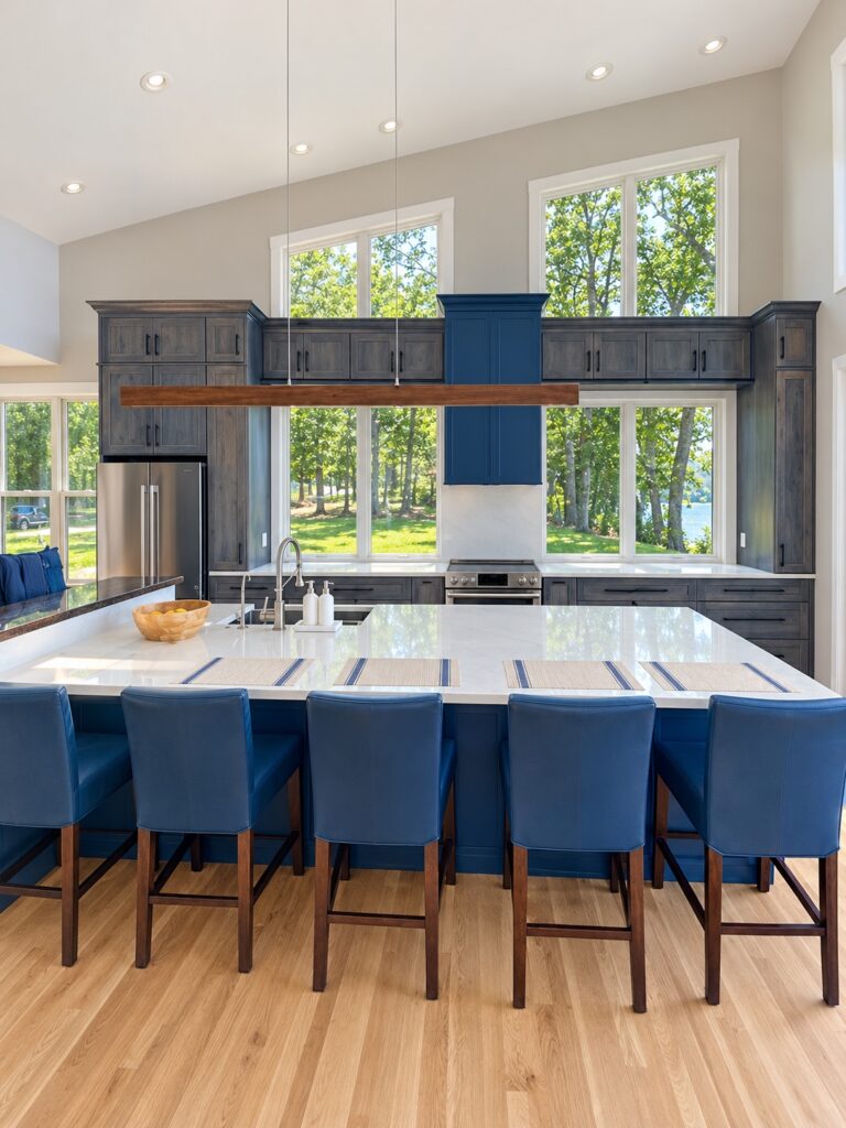 Blue upholstered island seating facing wood kitchen cabinetry, a blue range hood and tall windows.