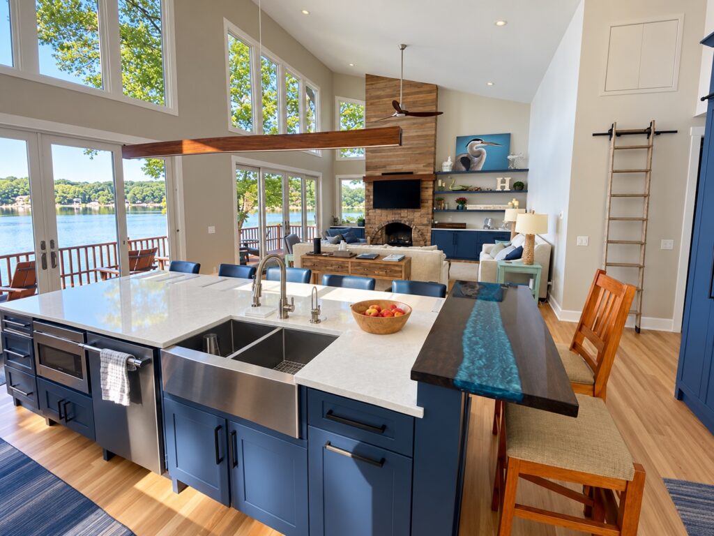 Stainless apron-front sink in a blue kitchen island with white counters, a blue resin accent counter and lake views.