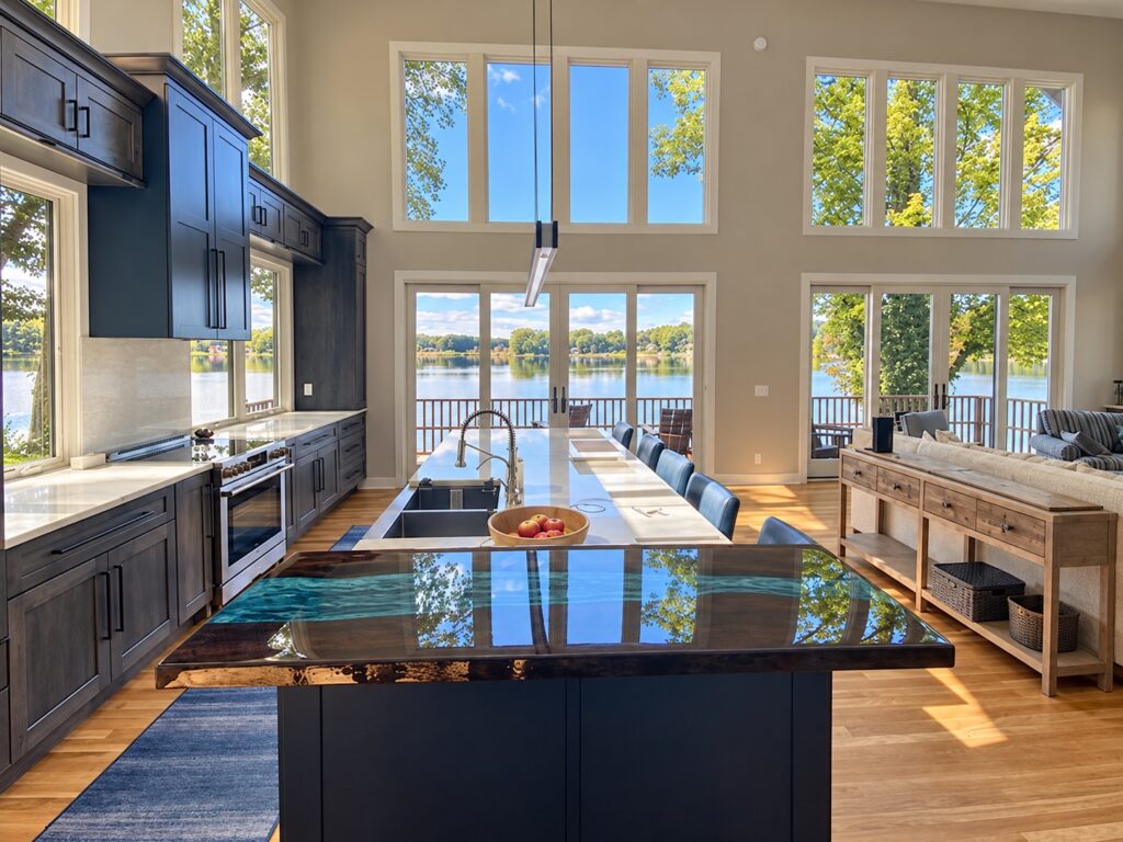 Kitchen island with a glossy blue resin accent counter, dark cabinetry and stacked windows overlooking the lake.