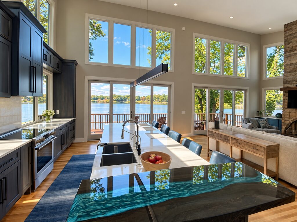 Long white kitchen island with blue seating, dark cabinets and lake-facing patio doors beside the living room.
