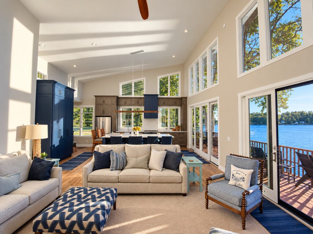 Bright lake house living room with neutral sofas, a patterned ottoman, blue kitchen cabinetry and tall waterfront windows.