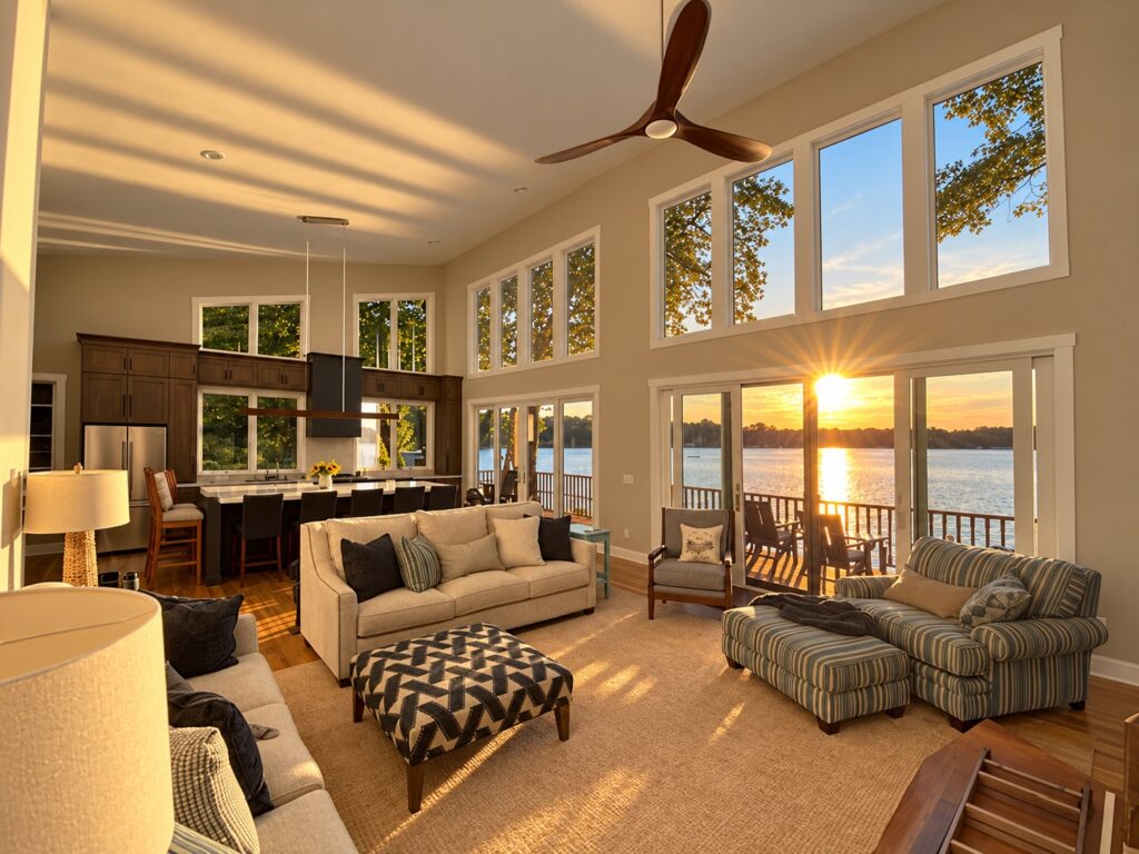 Golden sunlight fills an open living room and kitchen through tall windows and patio doors overlooking the lake.