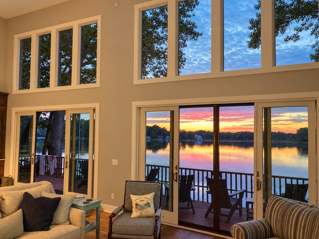 Pink and gold sunset over the lake seen through stacked windows and glass patio doors from the living room.
