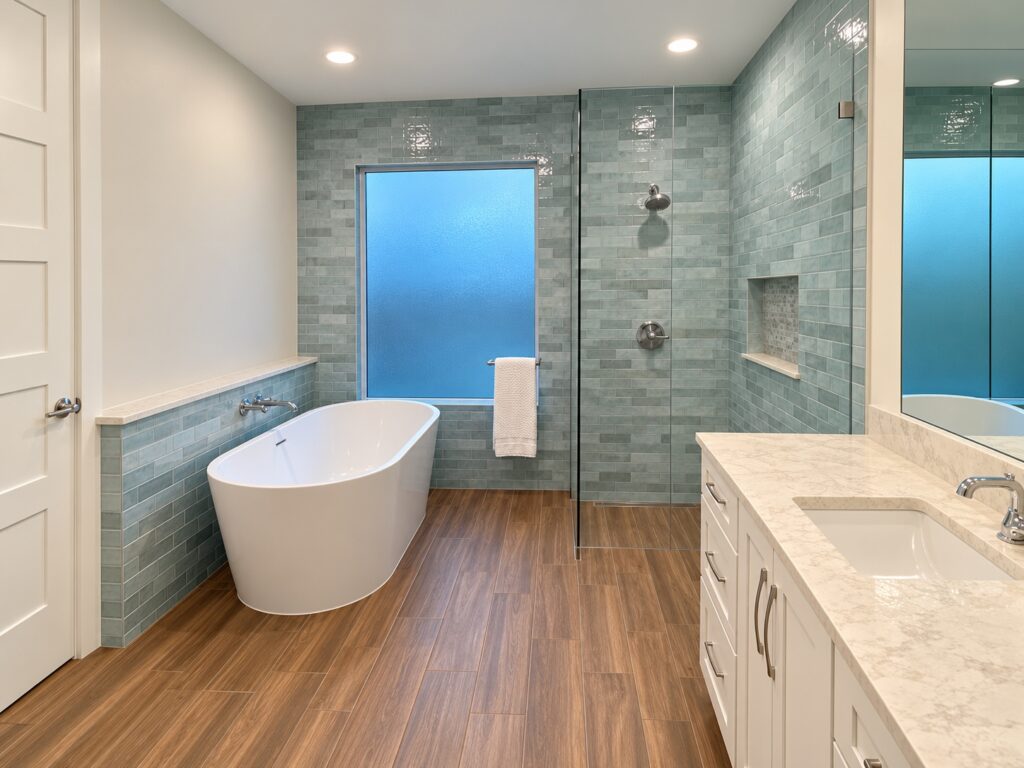 Freestanding white bathtub and glass shower with blue-green tile, a frosted window and wood-look flooring.