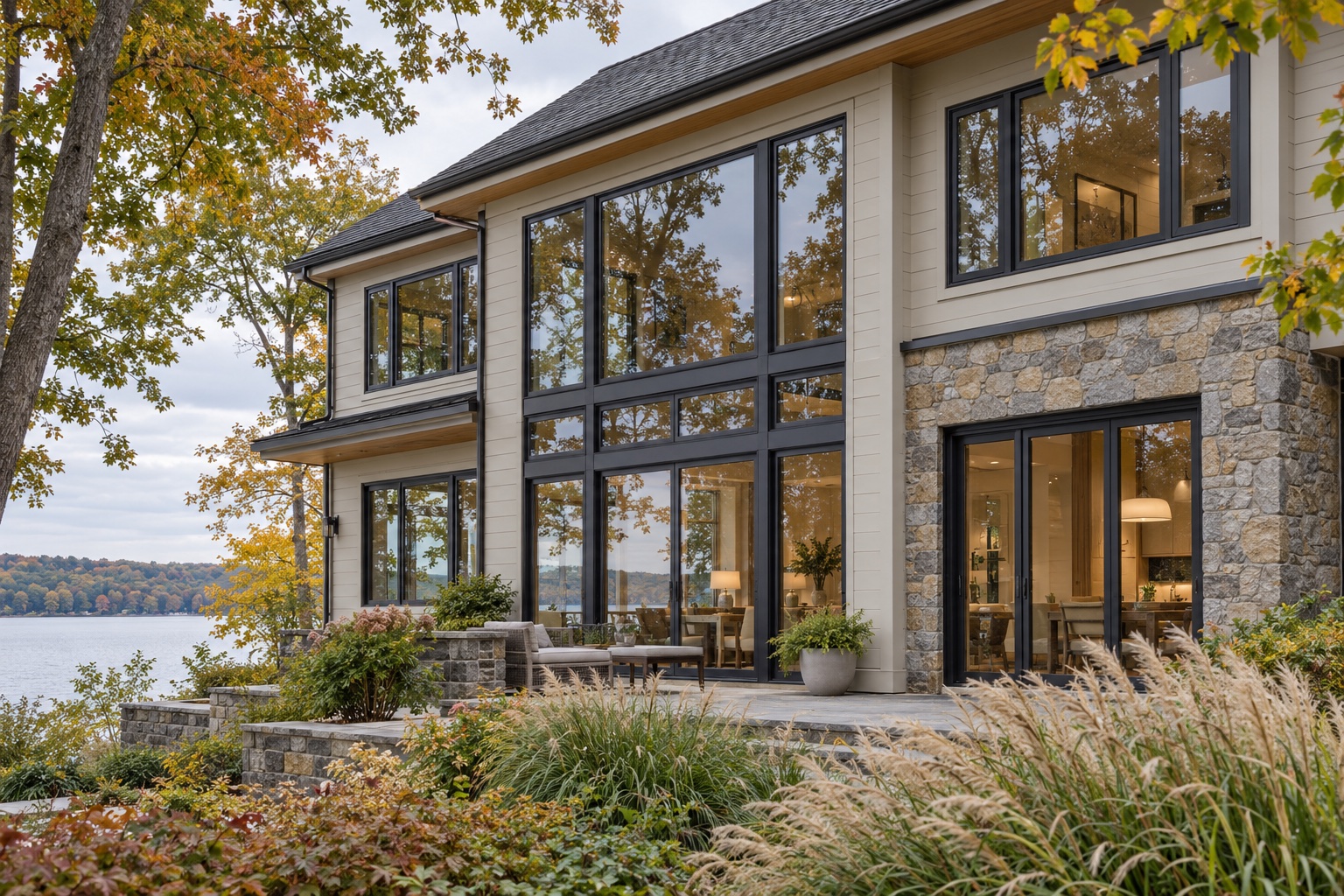 Concept lakeside home exterior with dark-framed windows and a stone patio