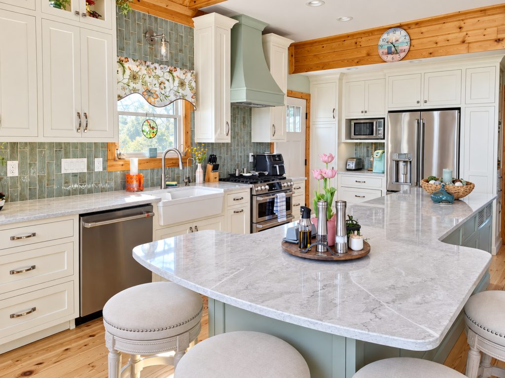 Cream and sage kitchen with a broad island, farmhouse sink, stainless appliances and warm pine ceiling.