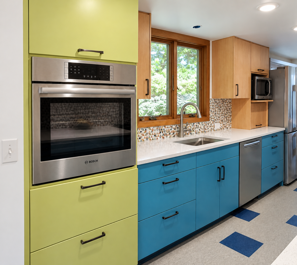 Green wall-oven tower beside blue sink cabinets, white countertop and a geometric mosaic backsplash.